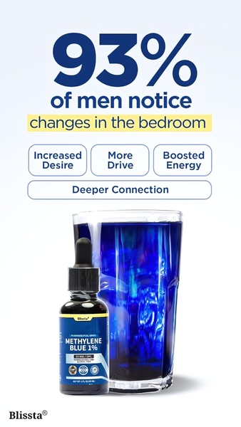 A 9:16 vertical mobile ad featuring a statistic-led headline about bedroom benefits, followed by a product shot of a Methylene Blue dropper bottle.